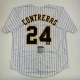 Camiseta de béisbol a rayas de William Contreras Milwaukee autografiada/firmada JSA COA