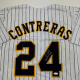 Camiseta de béisbol a rayas de William Contreras Milwaukee autografiada/firmada JSA COA