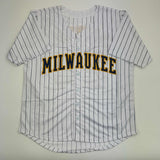 Camiseta de béisbol a rayas de William Contreras Milwaukee autografiada/firmada JSA COA