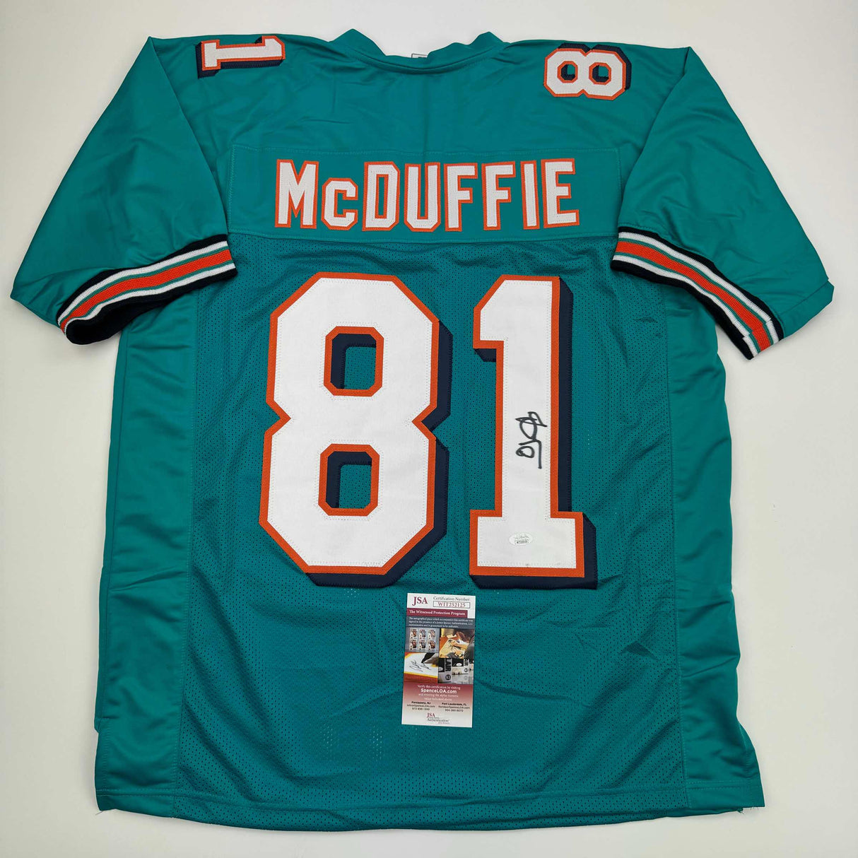 Camiseta de fútbol azul verdoso de Miami autografiada/firmada por OJ McDuffie (JSA COA)