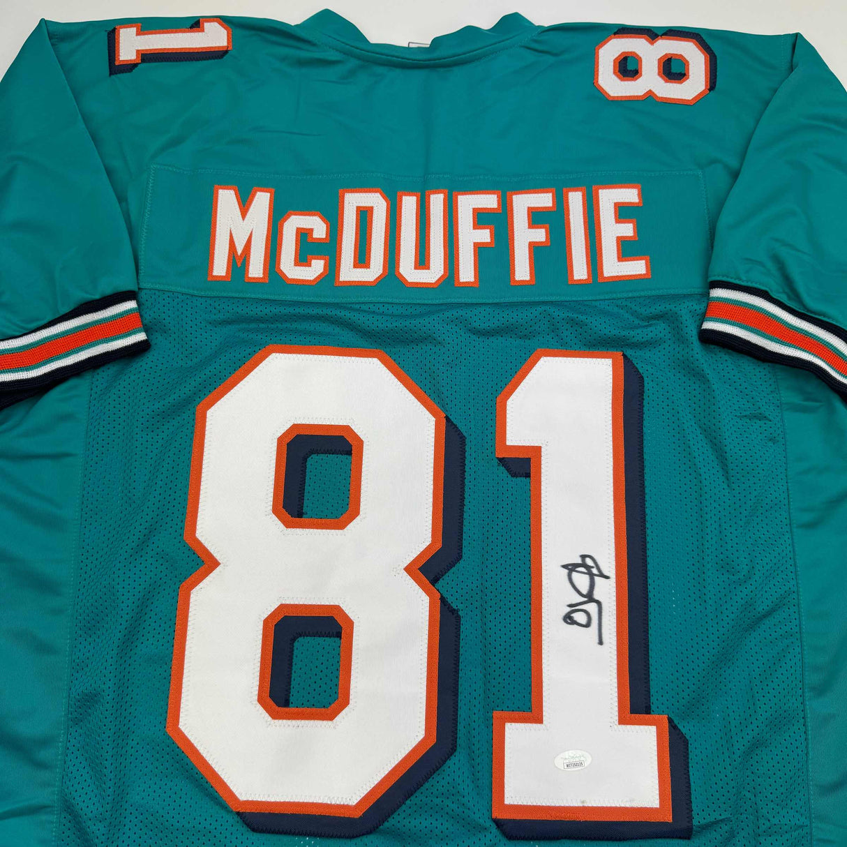 Camiseta de fútbol azul verdoso de Miami autografiada/firmada por OJ McDuffie (JSA COA)