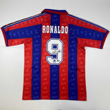 Camiseta de fútbol roja/azul del FC Barcelona de Ronaldo Nazario autografiada/firmada Beckett BAS COA