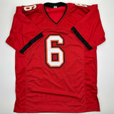 Autographed/Signed Baker Mayfield Tampa Bay Red Football Jersey Beckett BAS COA