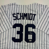 Autographed/Signed Clarke Schmidt New York Pinstripe Baseball Jersey Beckett BAS COA