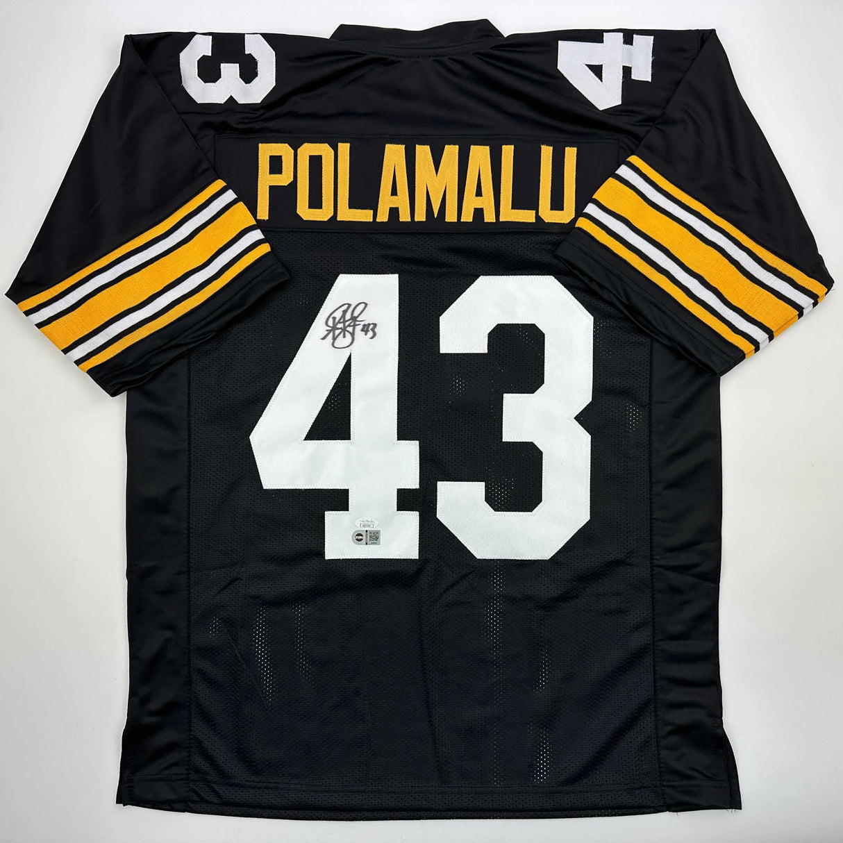Camiseta de fútbol retro negra de Pittsburgh de Troy Polamalu autografiada/firmada JSA COA