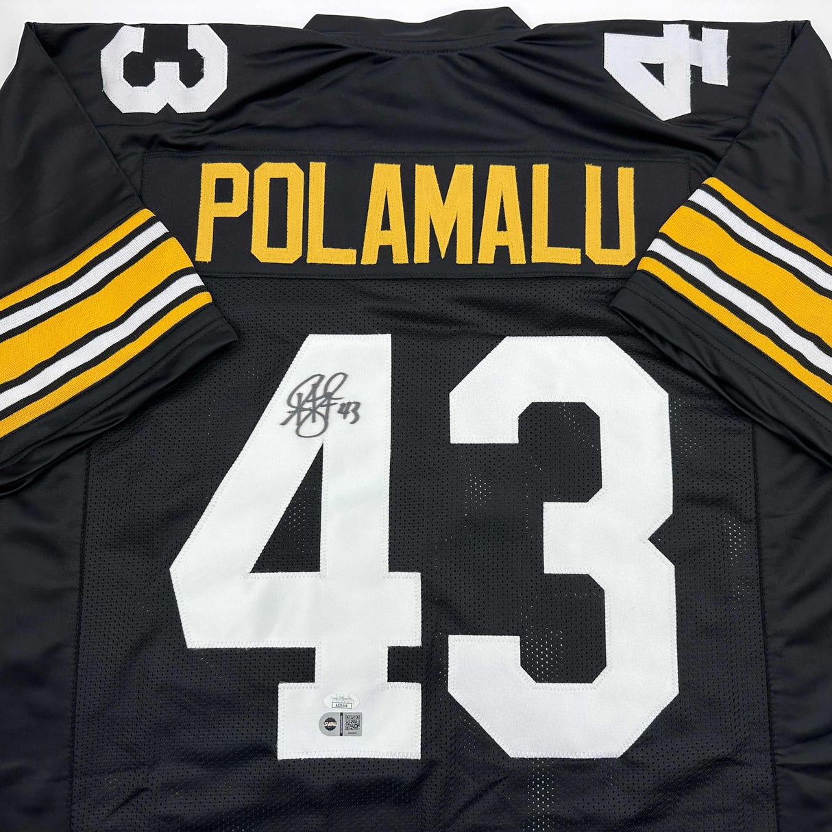 Camiseta de fútbol retro negra de Pittsburgh de Troy Polamalu autografiada/firmada JSA COA