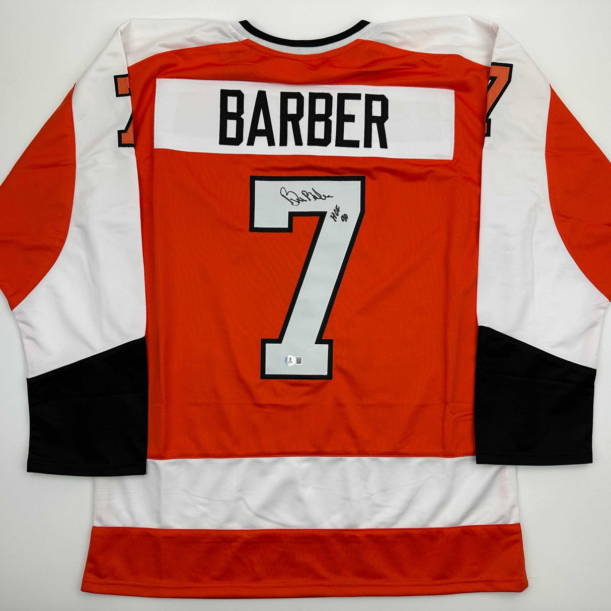 Camiseta de hockey naranja autografiada/firmada de Bill Barber, miembro del Salón de la Fama de los 90, Filadelfia, Beckett BAS COA