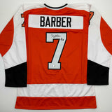 Camiseta de hockey naranja autografiada/firmada de Bill Barber, miembro del Salón de la Fama de los 90, Filadelfia, Beckett BAS COA