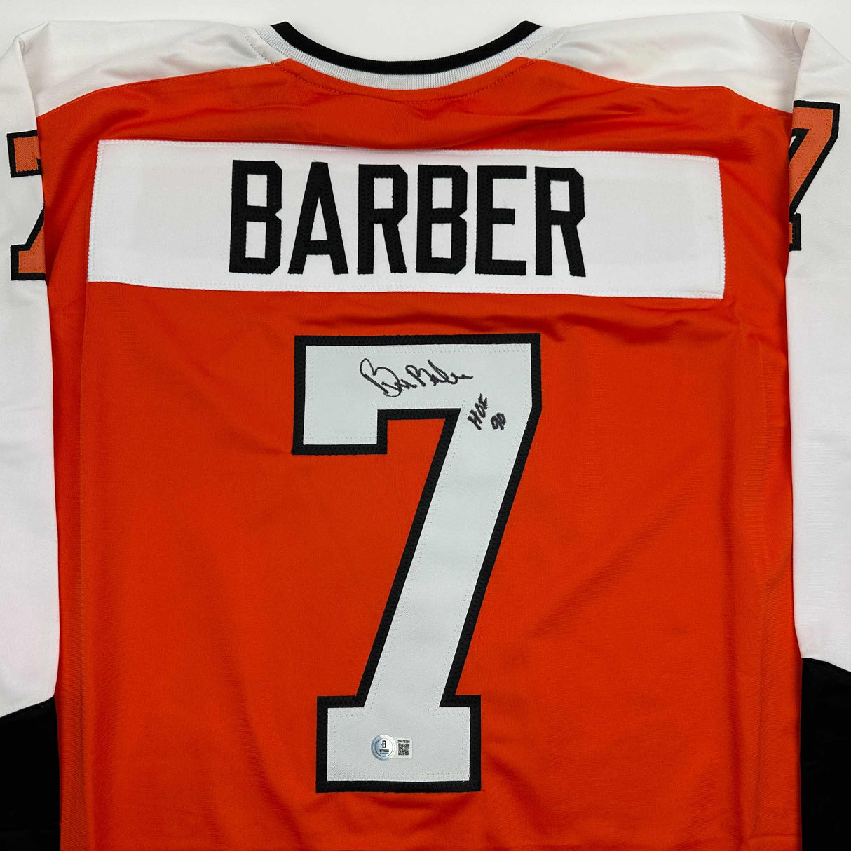Camiseta de hockey naranja autografiada/firmada de Bill Barber, miembro del Salón de la Fama de los 90, Filadelfia, Beckett BAS COA