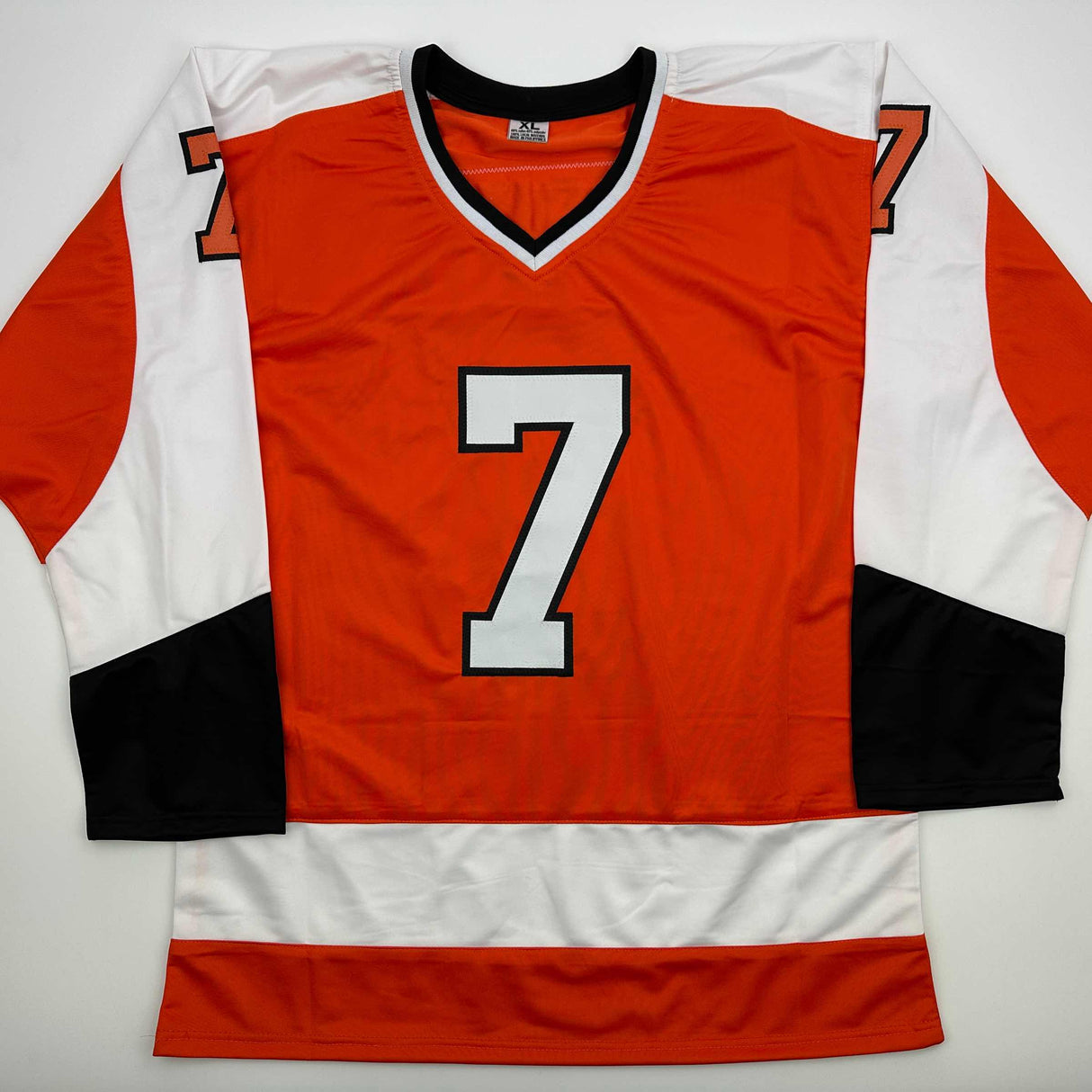 Camiseta de hockey naranja autografiada/firmada de Bill Barber, miembro del Salón de la Fama de los 90, Filadelfia, Beckett BAS COA