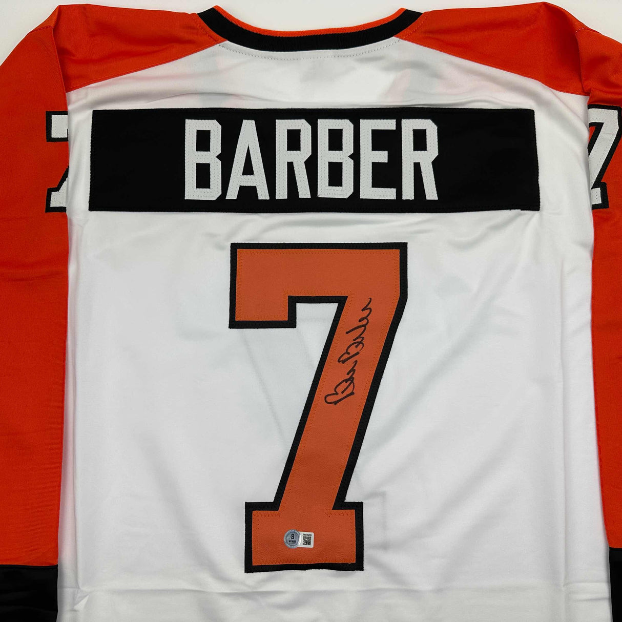 Camiseta de hockey blanca de Filadelfia de Bill Barber autografiada/firmada Beckett BAS COA