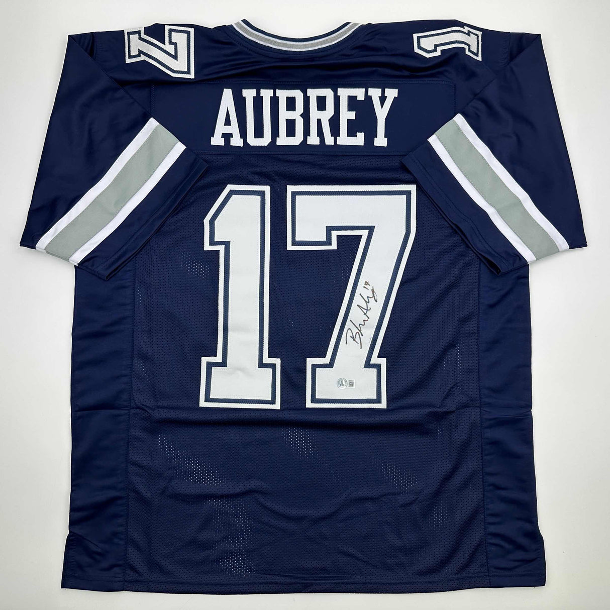 Camiseta de fútbol azul de Dallas de Brandon Aubrey autografiada/firmada Beckett BAS COA