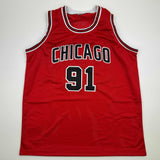 Camiseta de baloncesto roja de Chicago de Dennis Rodman autografiada/firmada Beckett BAS COA