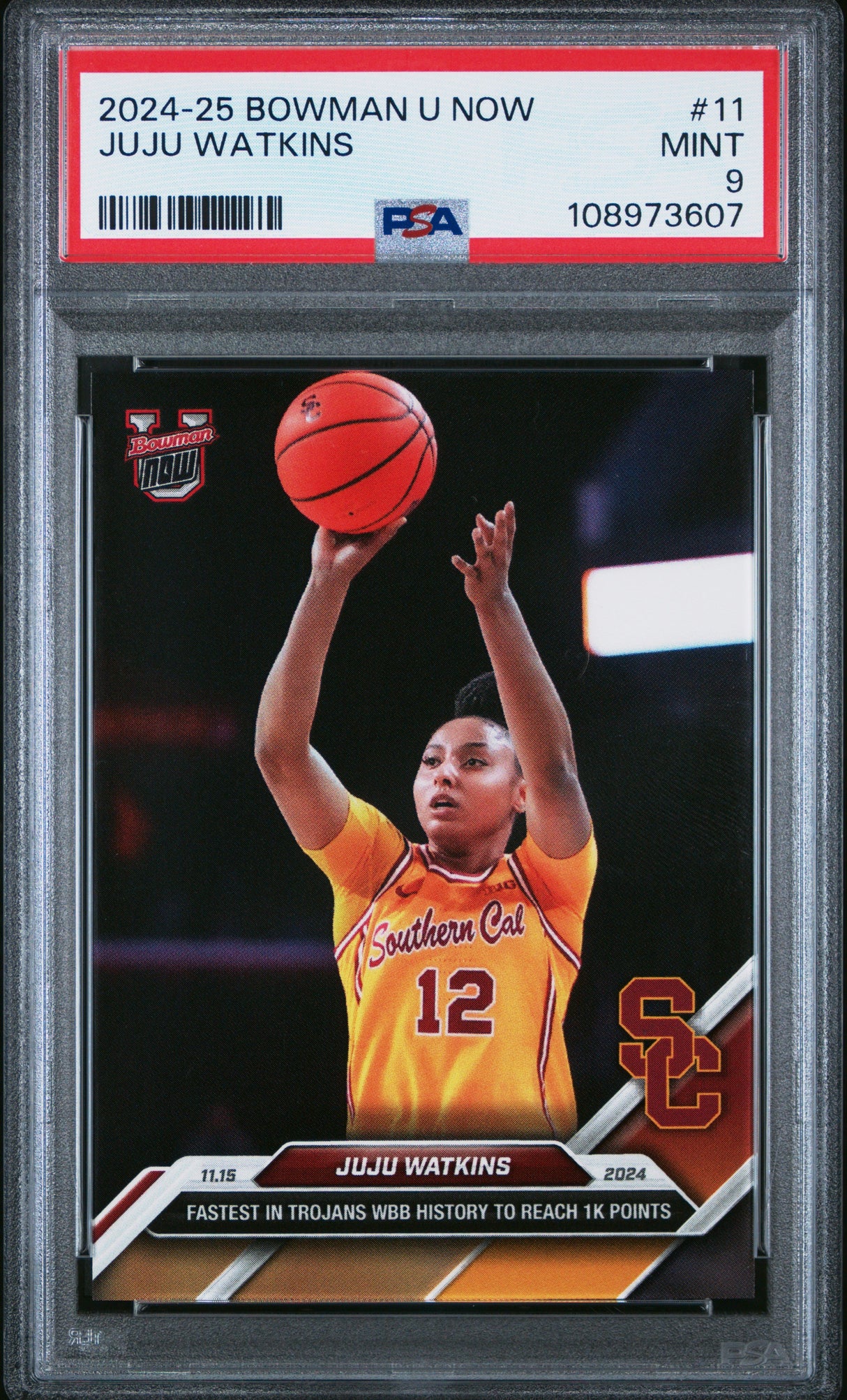 Tarjeta de baloncesto RC JuJu Watkins #11 Rookie de Topps Bowman U (clasificada en 2024) PSA 9 Mint