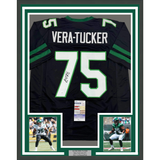 Framed Autographed/Signed Alijah Vera-Tucker 35x39 New York Black Football Jersey JSA COA