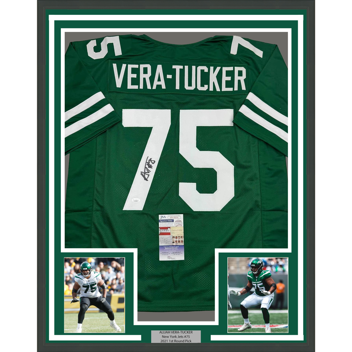 Framed Autographed/Signed Alijah Vera-Tucker 35x39 New York Green Football Jersey JSA COA
