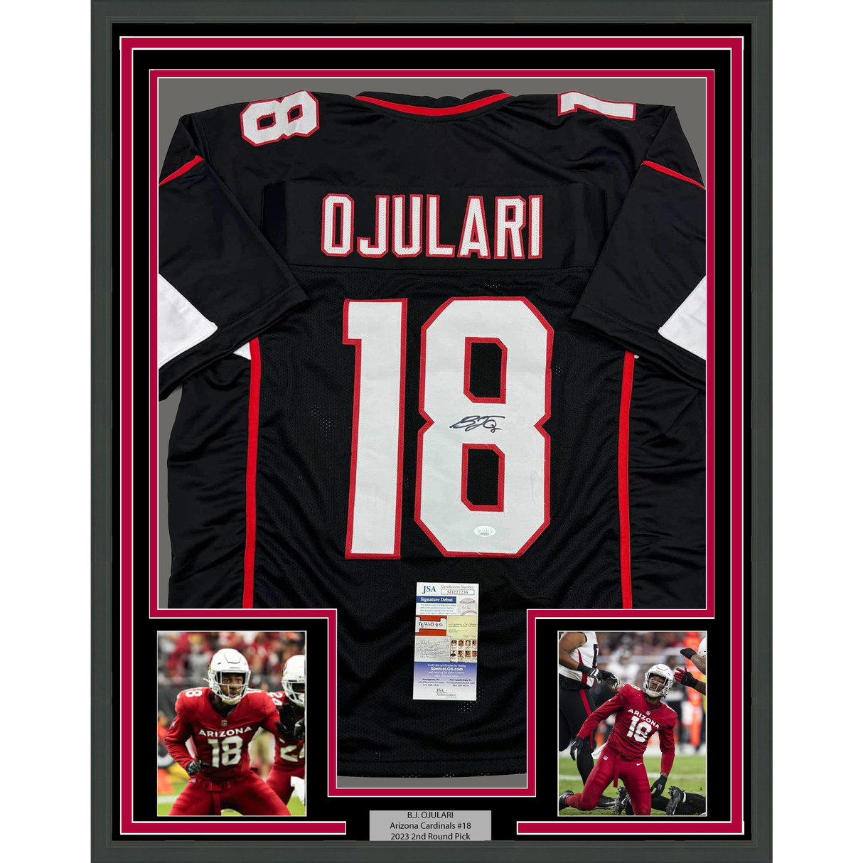 Camiseta de fútbol americano negra de Arizona, enmarcada, autografiada y firmada por BJ Ojulari, 35 x 39, JSA COA