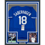 Framed Autographed/Signed Bret Saberhagen 35x39 Kansas City Dark Blue Baseball Jersey JSA COA