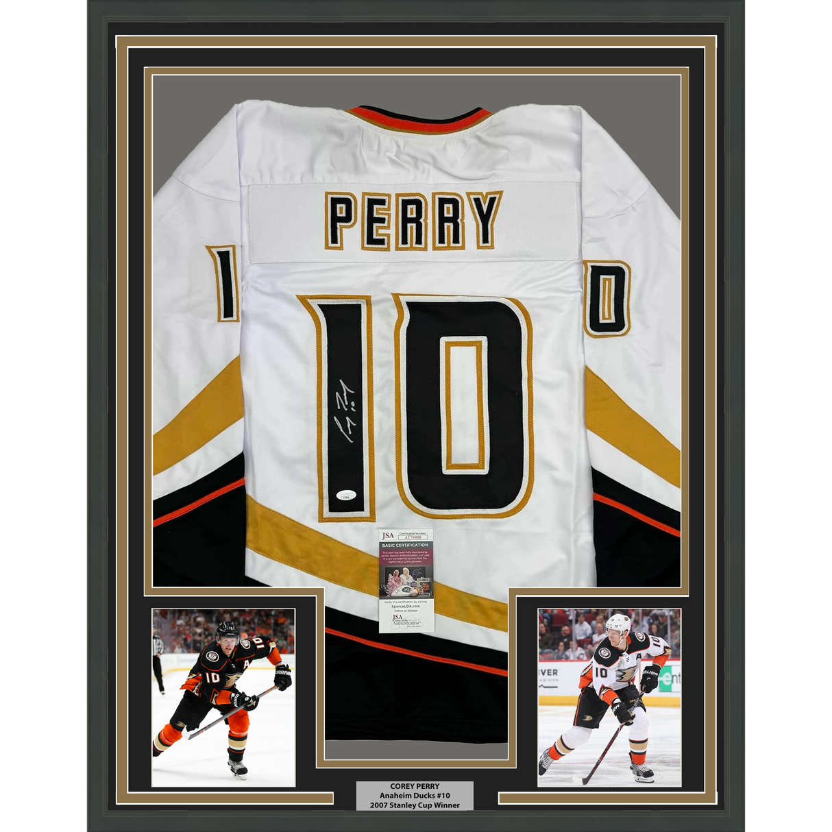 Camiseta de hockey blanca de Anaheim de Corey Perry, enmarcada, autografiada y firmada, 35 x 39, JSA COA