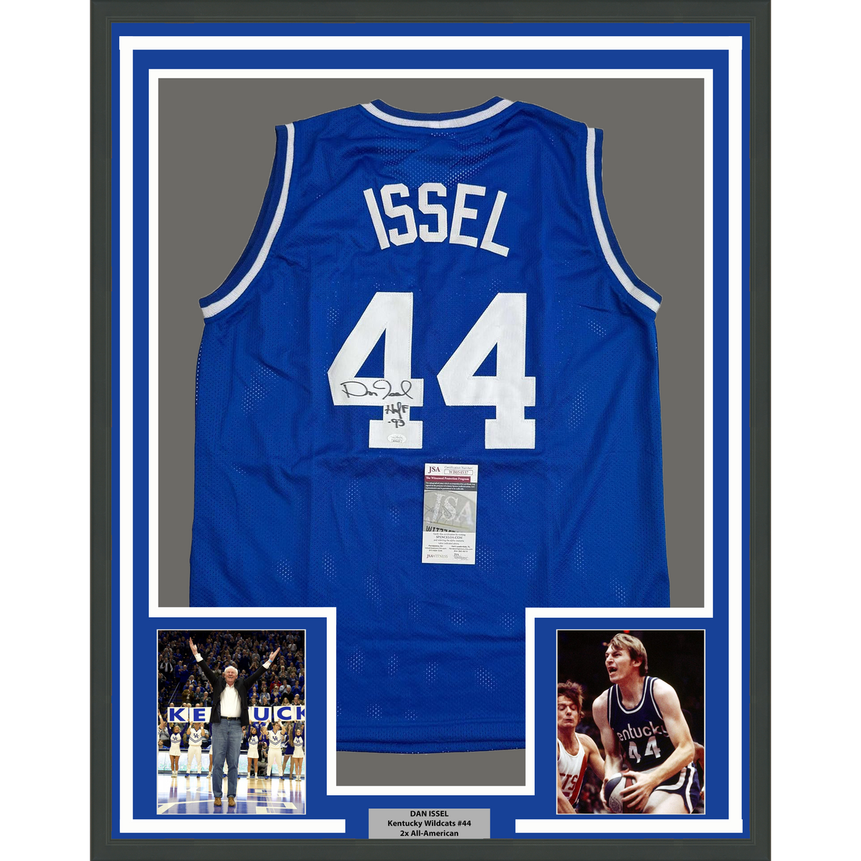 Camiseta de baloncesto universitaria enmarcada, autografiada y firmada por Dan Issel, 35 x 39, color azul Kentucky, JSA COA