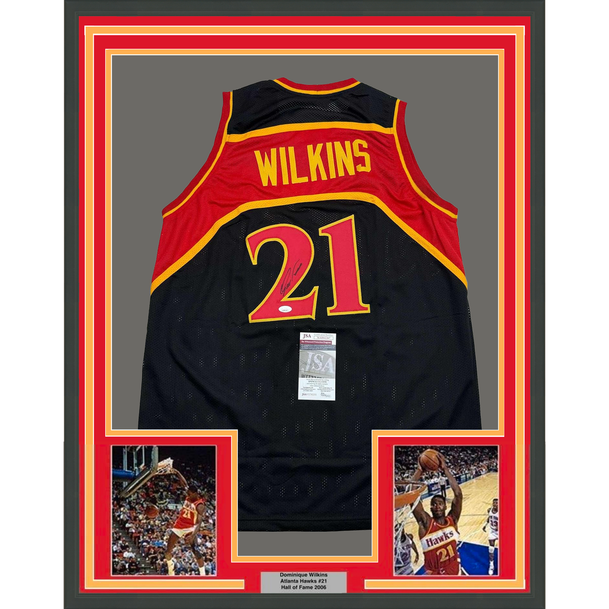 Camiseta de baloncesto negra de Atlanta, enmarcada, autografiada y firmada por Dominique Wilkins, 35 x 39, JSA COA