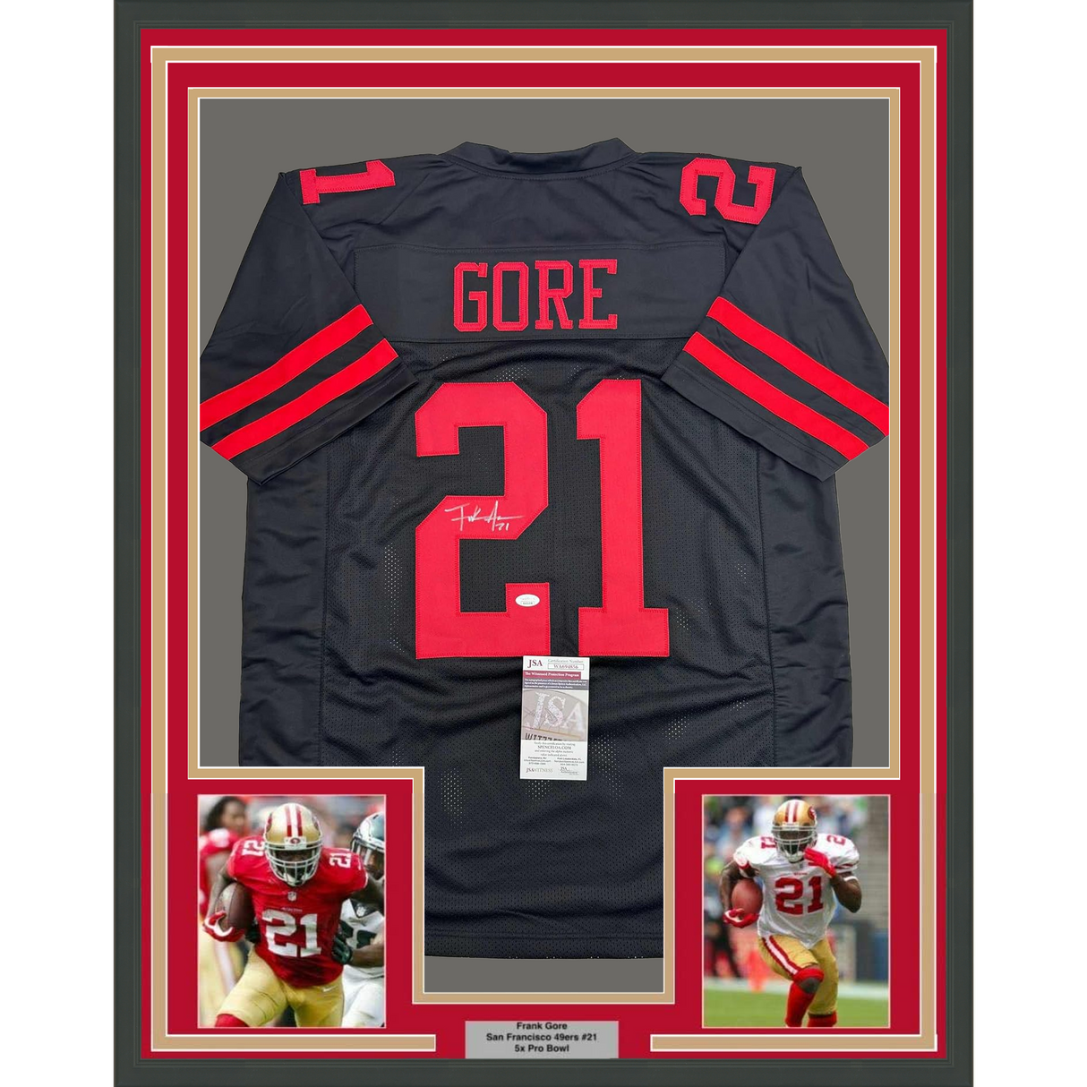 Framed Autographed/Signed Frank Gore 35x39 San Francisco Black Football Jersey Beckett BAS COA