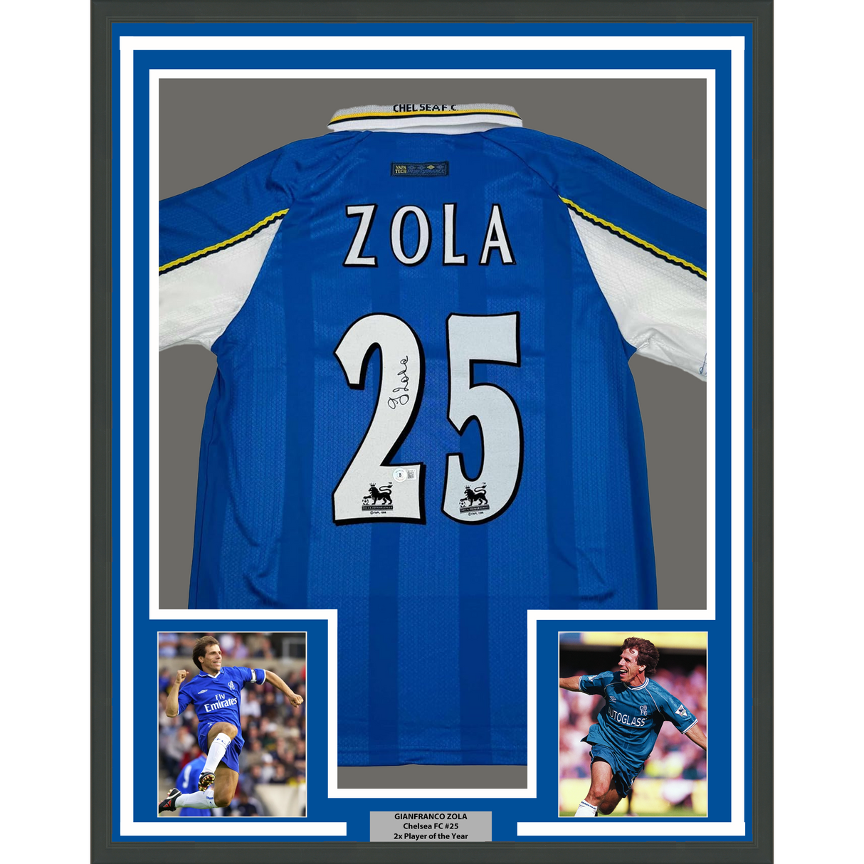 Camiseta de fútbol azul del Chelsea FC Beckett BAS COA, enmarcada, autografiada y firmada por Gianfranco Zola, 35 x 39