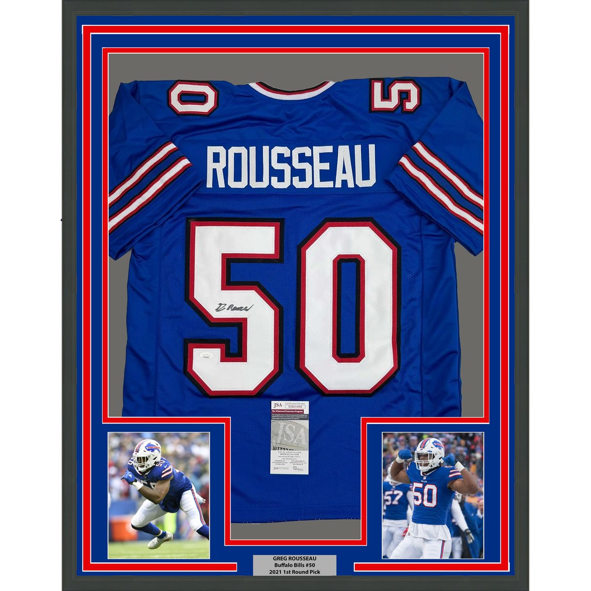 Framed Autographed/Signed Greg Rousseau 35x39 Buffalo Blue Football Jersey JSA COA