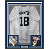 Framed Autographed/Signed Johnny Damon 35x39 New York Pinstripe Baseball Jersey Beckett BAS COA