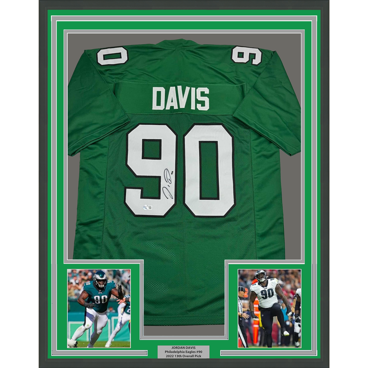 Framed Autographed/Signed Jordan Davis 35x39 Philadelphia Kelly Green Football Jersey Beckett BAS COA