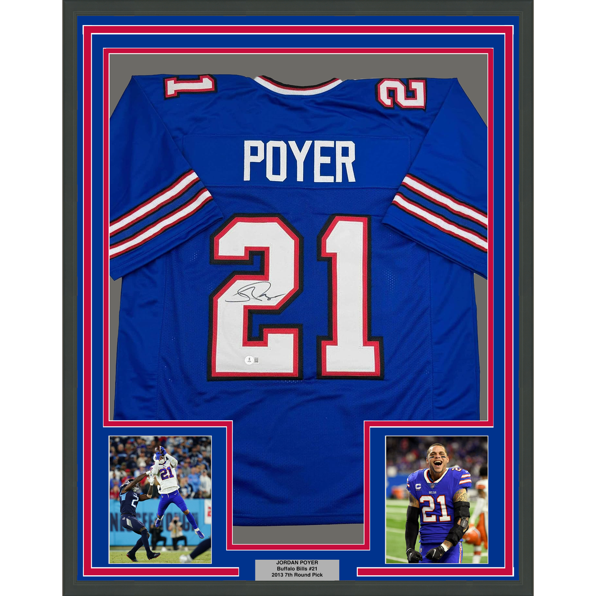Camiseta de fútbol azul búfalo de Jordan Poyer, enmarcada, autografiada y firmada, 35 x 39, Beckett BAS COA