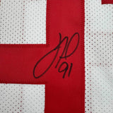 Framed Autographed/Signed Justin Tuck 35x39 New York White Football Jersey JSA COA