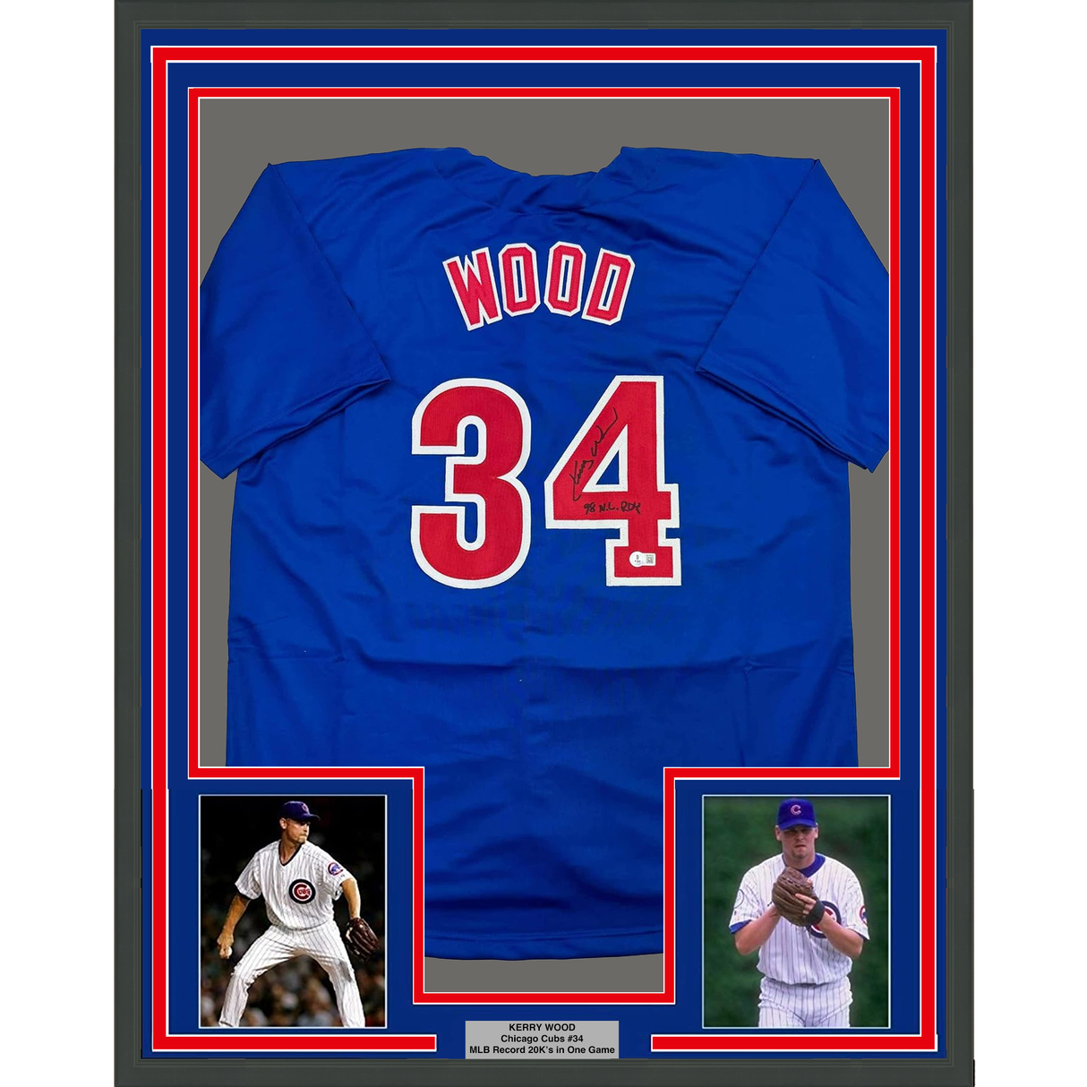 Camiseta de béisbol enmarcada, autografiada y firmada por Kerry Wood, 98 ROY, 35 x 39, azul Chicago, Beckett BAS COA