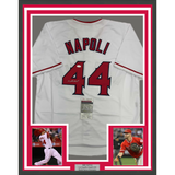 Framed Autographed/Signed Mike Napoli 35x39 Los Angeles LA Anaheim White Baseball Jersey JSA COA