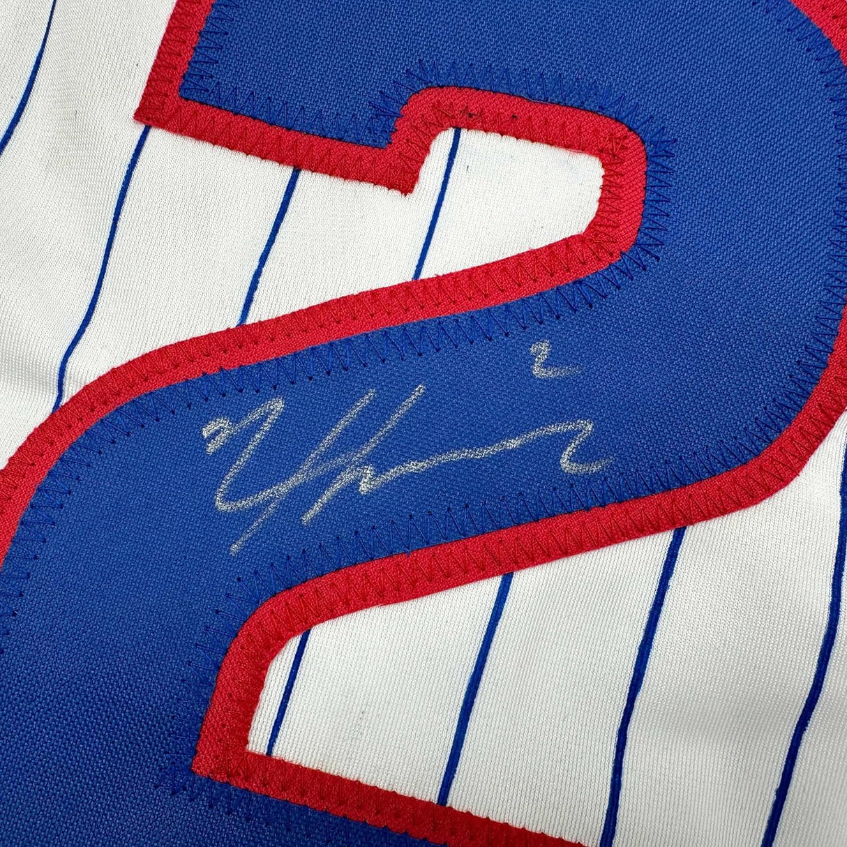Framed Autographed/Signed Nico Hoerner 35x39 Chicago Pinstripe Baseball Jersey Beckett BAS COA