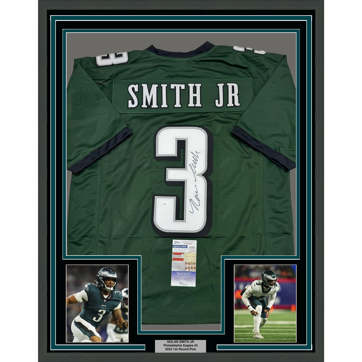 Camiseta de fútbol americano verde Filadelfia de Nolan Smith Jr., enmarcada, autografiada y firmada, 35 x 39, JSA COA