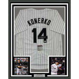 Framed Autographed/Signed Paul Konerko 35x39 Chicago Pinstripe Baseball Jersey JSA COA