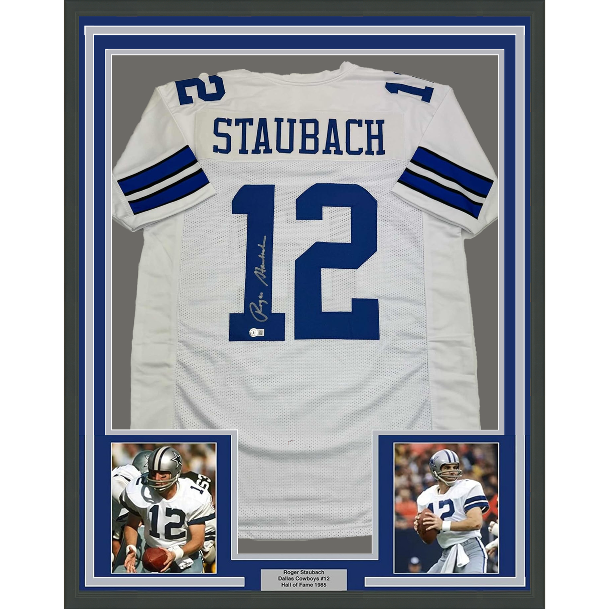 Framed Autographed/Signed Roger Staubach 35x39 Dallas White Football Jersey Beckett BAS COA