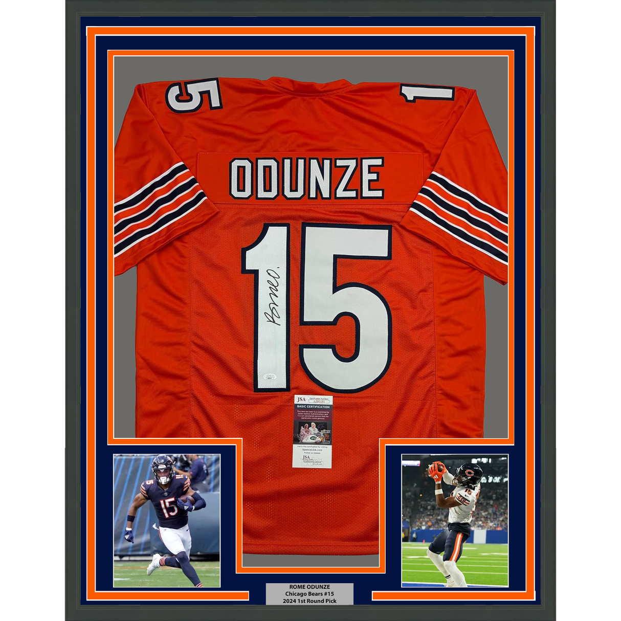Camiseta de fútbol naranja de Chicago, enmarcada, autografiada y firmada por Rome Odunze, 35 x 39, JSA COA