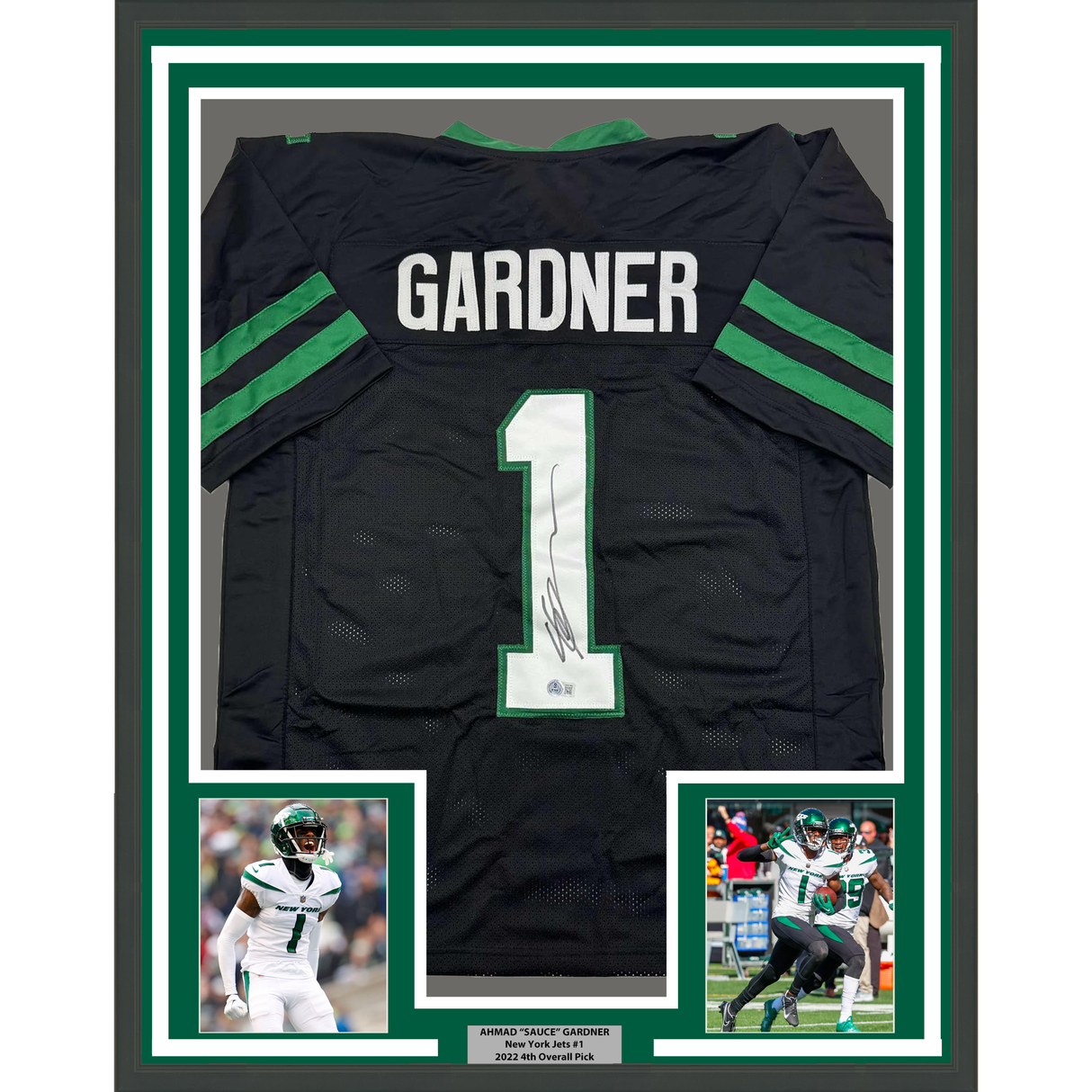 Framed Autographed/Signed Ahmad Sauce Gardner 35x39 New York Black Football Jersey Beckett BAS COA #2