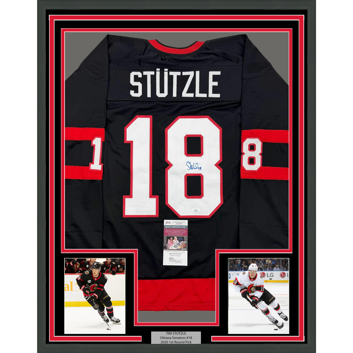 Camiseta de hockey negra de Ottawa, enmarcada, autografiada y firmada por Tim Stutzle, 35 x 39, JSA COA