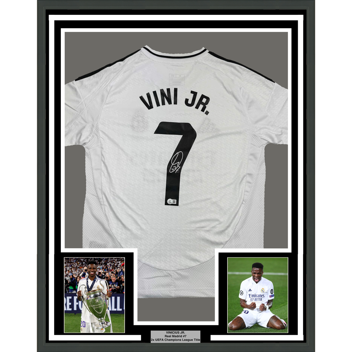 Camiseta de fútbol blanca del Real Madrid Beckett BAS COA enmarcada y autografiada de Vini Vinicius Jr. #7 35x39