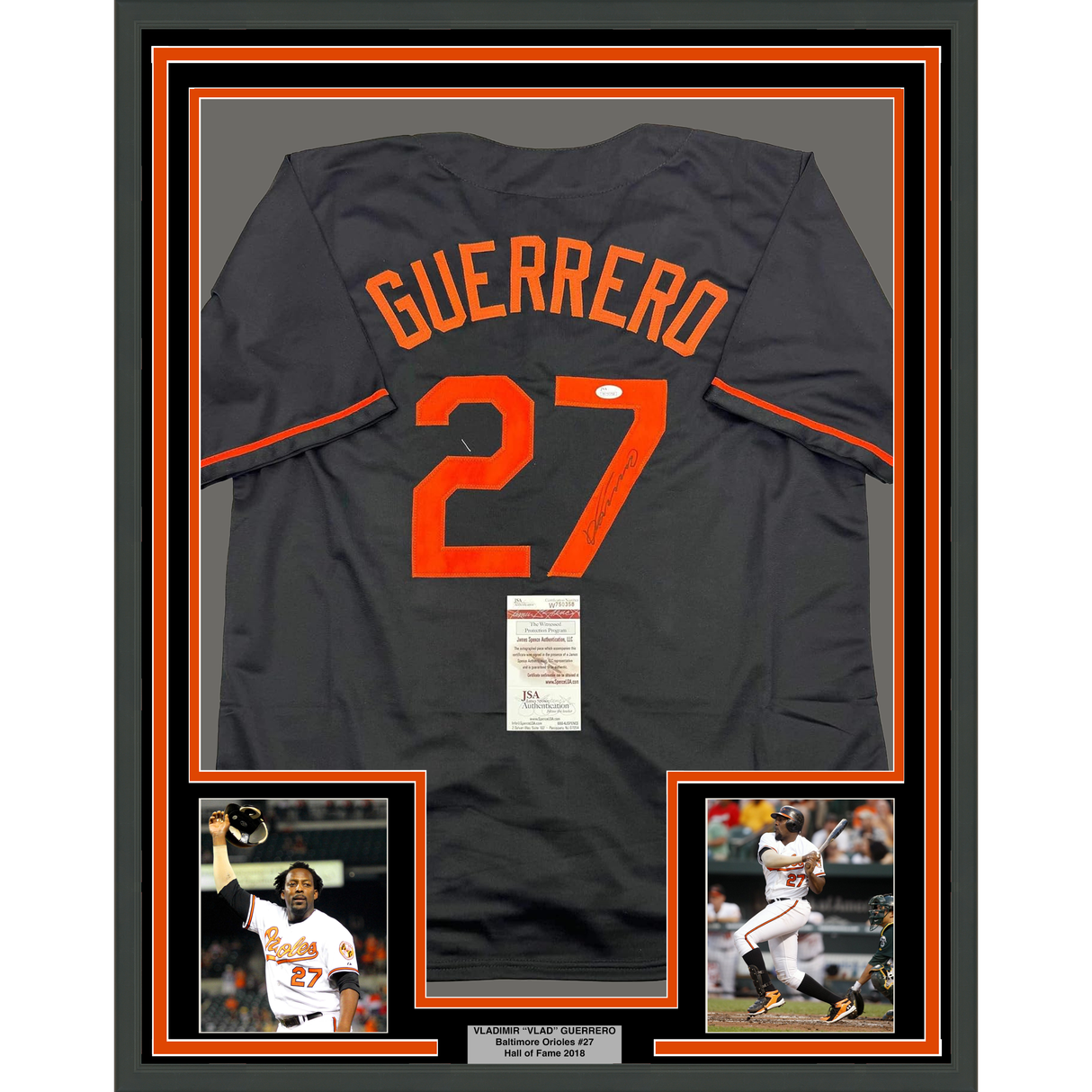 Camiseta de béisbol negra de Baltimore, enmarcada, autografiada y firmada por Vladimir Guerrero, 35 x 39, JSA COA