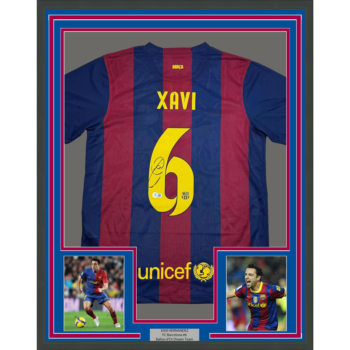 Camiseta de fútbol azul del FC Barcelona Beckett BAS COA enmarcada y autografiada de Xavi 35x39