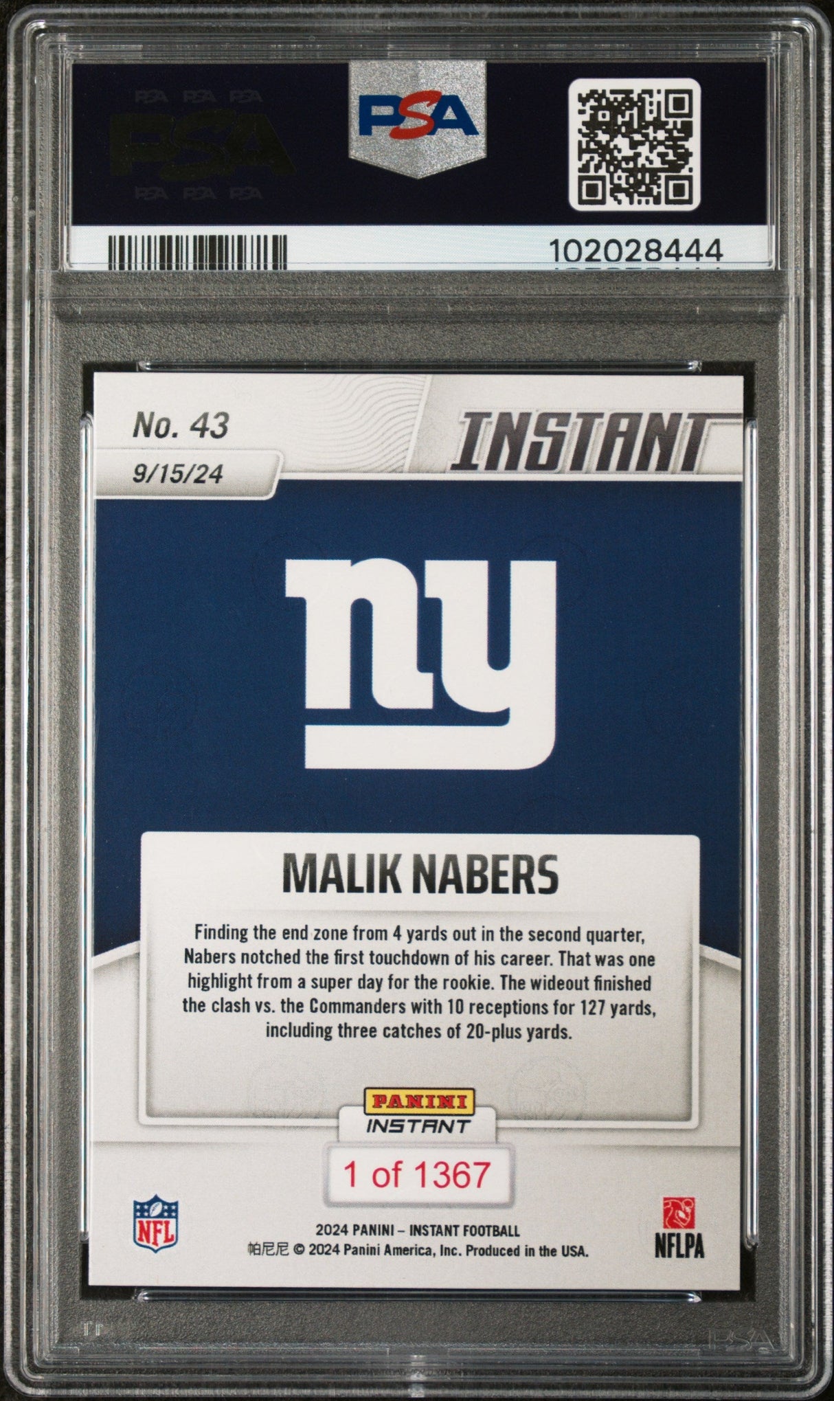 Graded 2024 Panini Instant NFL Malik Nabers #43 Rookie RC Football Card PSA 10 Gem Mint