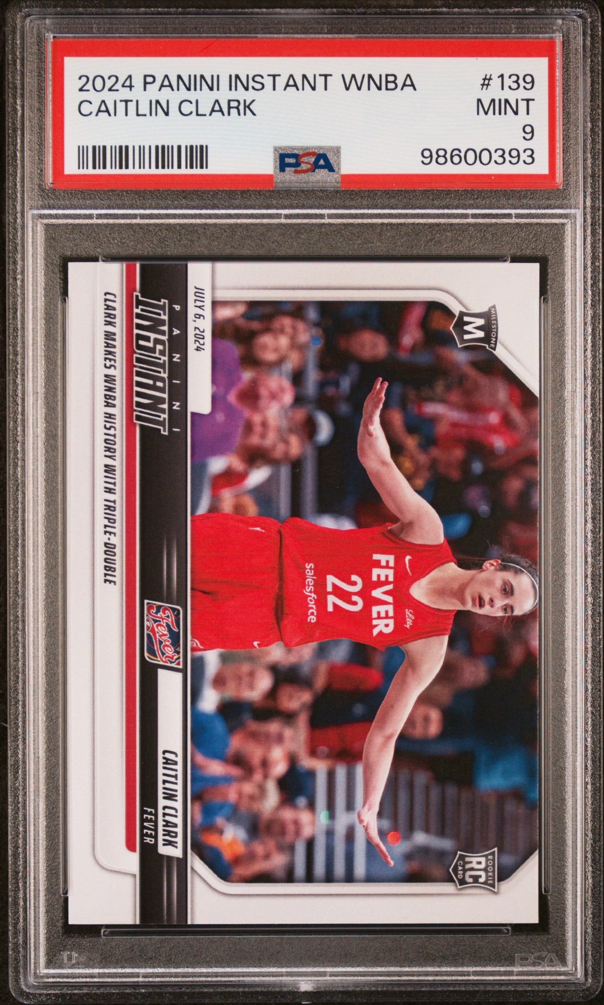 Tarjeta de baloncesto RC de Caitlin Clark #139, primera novata con triple doble, Panini Instant WNBA, clasificada en 2024, PSA 9 Mint