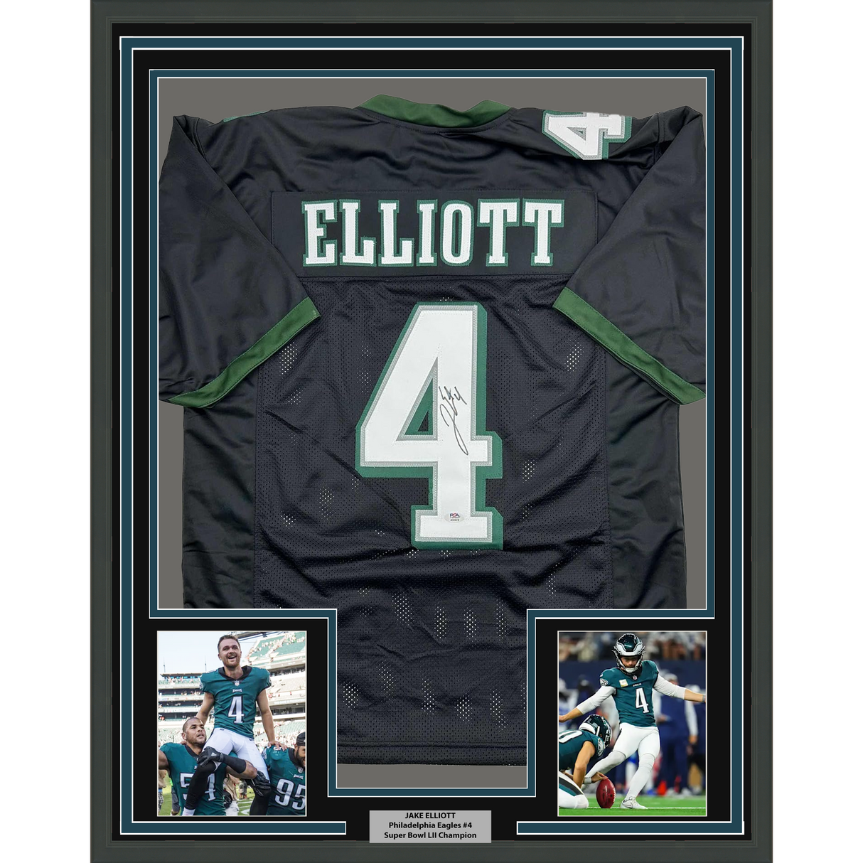 Camiseta de fútbol americano de Filadelfia, negra, enmarcada, autografiada y firmada por Jake Elliott, 35 x 39, certificado de autenticidad (PSA/DNA)