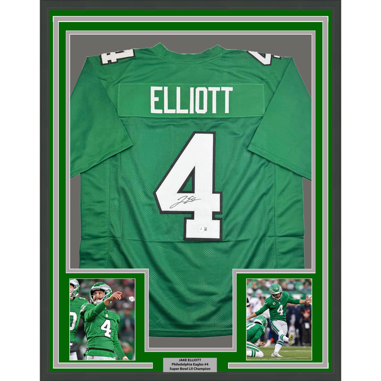 Camiseta de fútbol americano enmarcada, autografiada y firmada por Jake Elliott, 35 x 39, Philadelphia Kelly Green, Beckett BAS COA