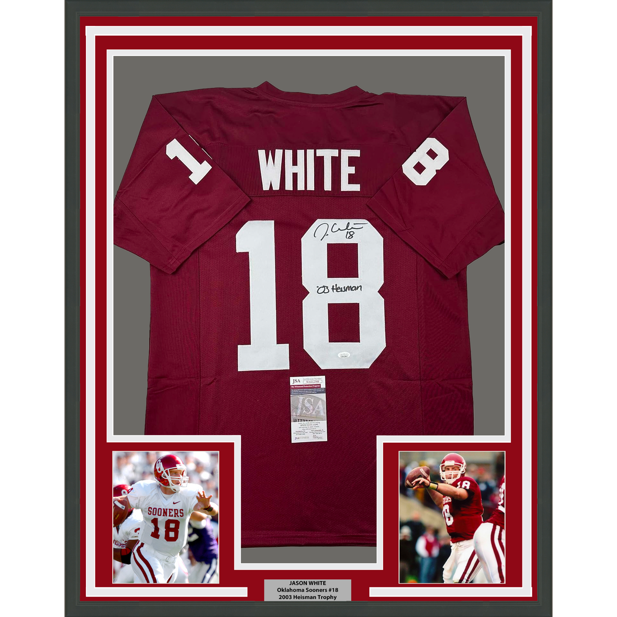 Camiseta de fútbol americano universitario enmarcada, autografiada y firmada por Jason White, 35 x 39, 03 Heisman, Oklahoma, color granate, JSA COA