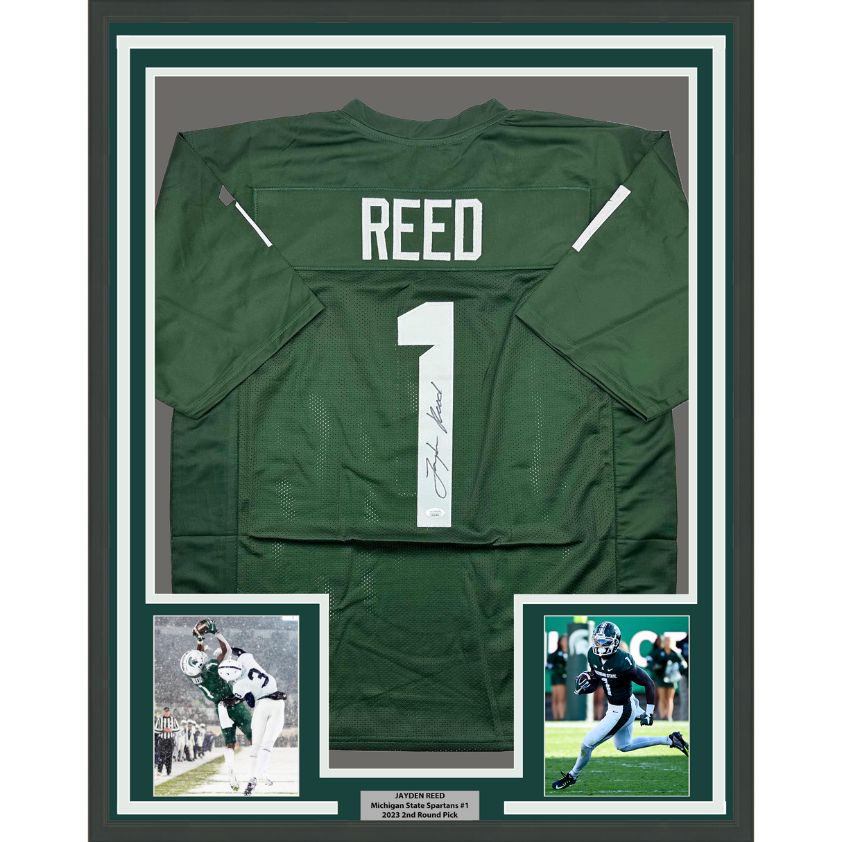 Camiseta de fútbol americano universitario enmarcada, autografiada y firmada por Jayden Reed, 35 x 39, color verde de Michigan State, JSA COA